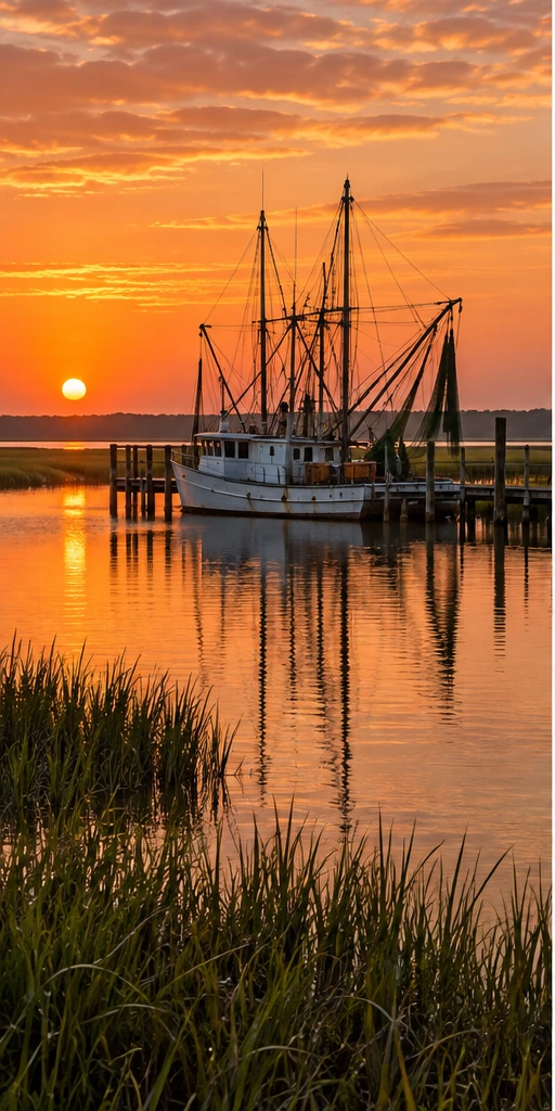 Illustrative Gulf Coast shrimp boat at sunset