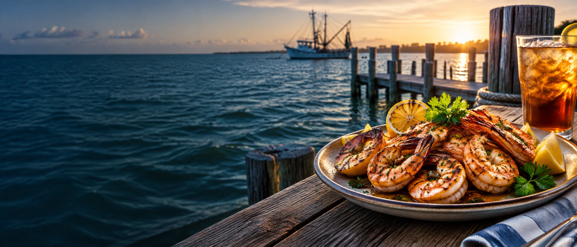 Illustrative shrimp and coast scene